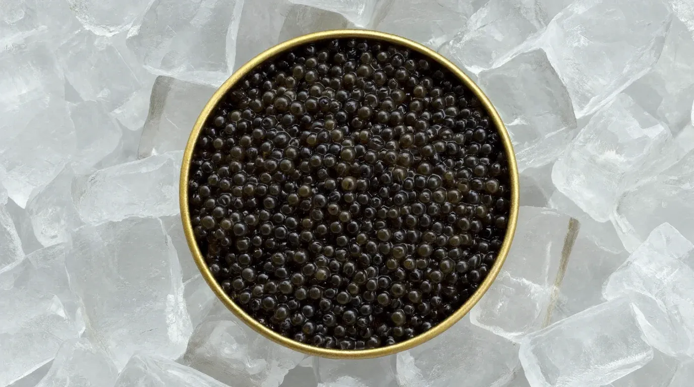 Lata de caviar sobre una cama de hielo picado