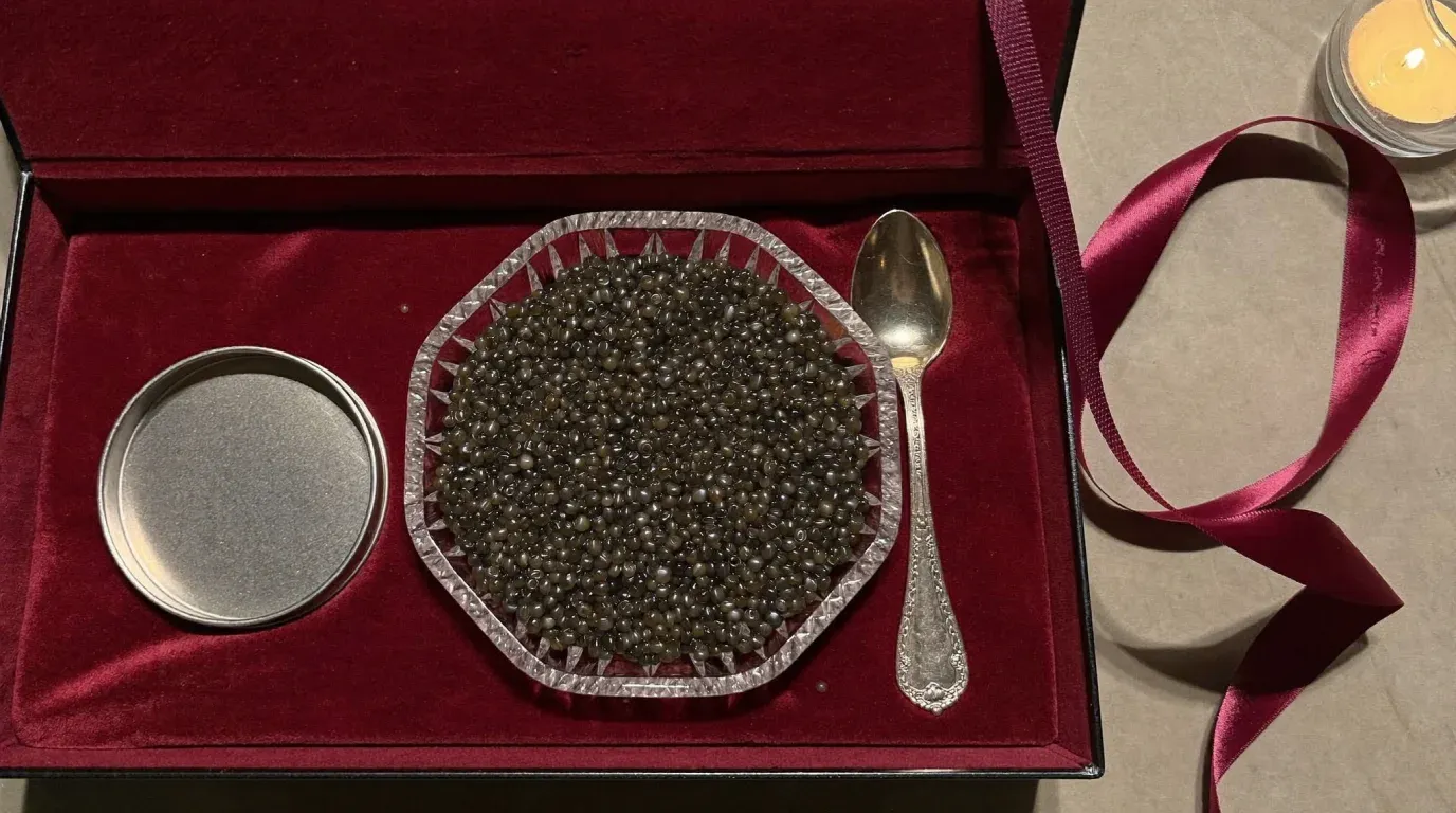 Estuche de regalo con caviar sobre terciopelo granate, cuchara y lazo